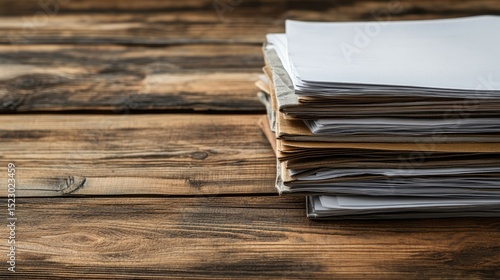 A stack of documents rests on a wooden surface.