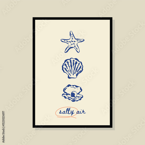 Coastal life sketch style vector illustration in a poster frame. Art for print design, greeting card, postcards, branding, logo design.
