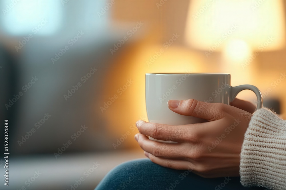 Sleep Disorders Treatment concept, A person hands holding a warm mug of tea or a decaf drink while sitting on a sofa, with soft, ambient lighting, Cozy and relaxing Sleep Disorders Treatment concept, A person hands holding a warm mug of tea or a decaf drink while sitting on a sofa, with soft, ambient lighting, Cozy and relaxing