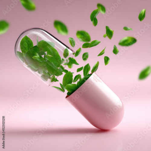 Wallpaper Mural Pink capsule opens to release vibrant green leaves, symbolizing natural health and wellness. soft pink background enhances fresh and organic feel of image Torontodigital.ca