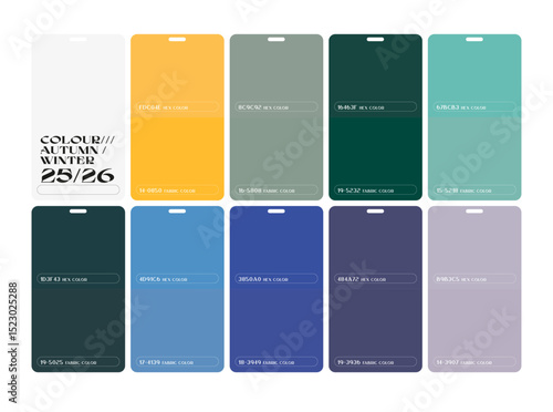 annual colours important for Fall Winter 25/26, fashion color palette, global color forecast for fashion trends, clothing. color palettes set