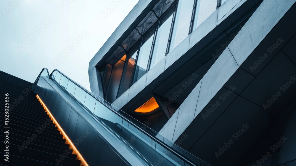 Fototapeta premium A modern architectural marvel rises against a cloudy sky. Sleek lines and elegant design draw the eye upward. A glimpse of contemporary engineering at its finest. Generative AI.
