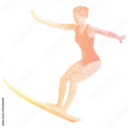 Halftone dots pattern of a surfer woman riding on the  ocean wave