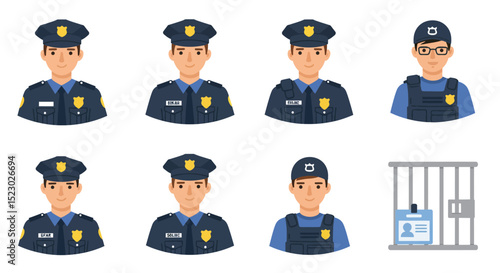 Six Police Officer Icons with a Prison Cell