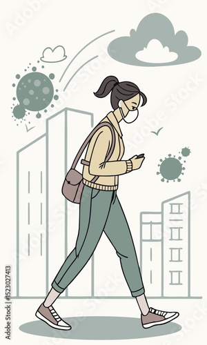 A woman is walking while wearing a dust mask