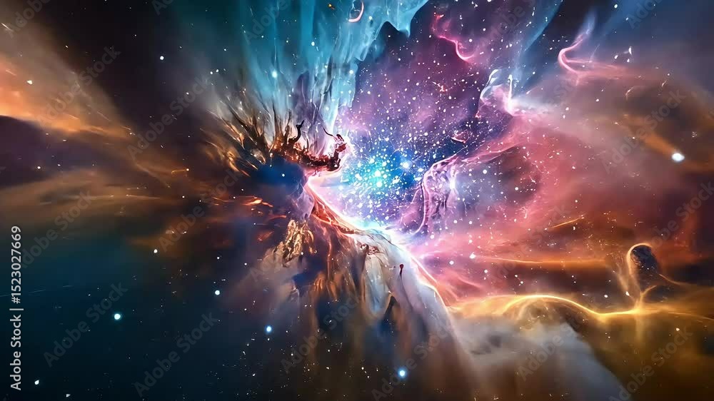 A vibrant nebula in deep space, showcasing swirling clouds of gas and dust, scattered stars, and brilliant colours footage A vibrant nebula in deep space, showcasing swirling clouds of gas and dust, scattered stars, and brilliant colours footage