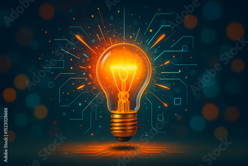 Glowing Light Bulb with Circuit Board Design Innovation and Technology Concept