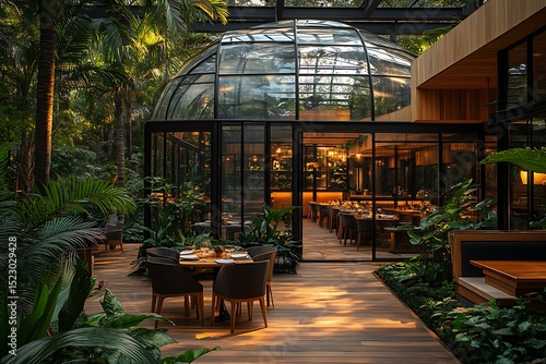 Interior restaurant seating with jungle backdrop high resolution picture