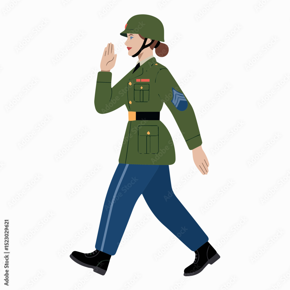 Obraz premium Female military officer walking in olive green uniform army duty woman badge power brave