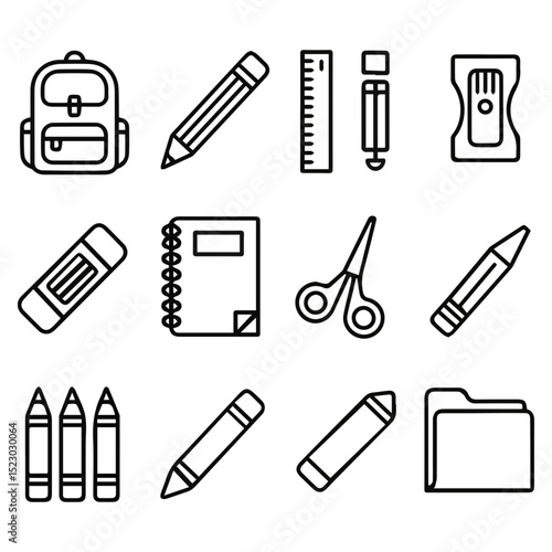 Collection of various stationery items icons set design pen art tool work flat ruler black