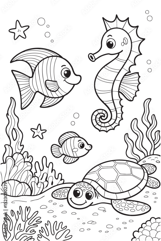 Fototapeta premium Adorable ocean animals coloring page sea life fun