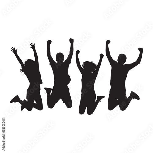 Four silhouettes joyfully jumping in unison