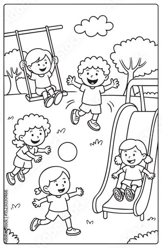 Happy children playing at the playground swing slide ball
