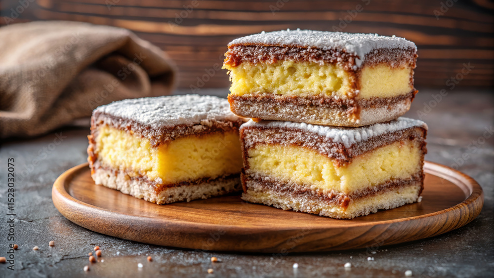 Lamington Cake Slices on Wooden Plate for Food Blogs, Dessert Recipe Websites, Baking Tutorials, and Social Media Food Content  