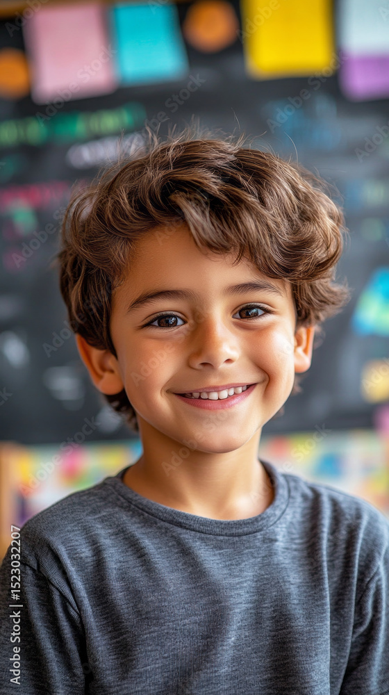 A smiling Hispanic boy around 10 years old displays happiness in a vibrant classroom filled with colorful decorations. His cheerful demeanor captures the excitement of learning A smiling Hispanic boy around 10 years old displays happiness in a vibrant classroom filled with colorful decorations. His cheerful demeanor captures the excitement of learning