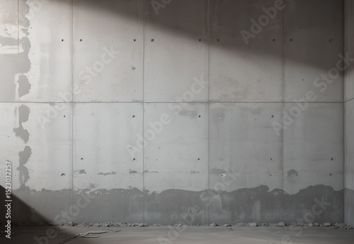 Industrial Chic Interior Sunlit Concrete Room City street with long concrete wall covered in white plaster featuring copy space and Modern empty concrete room with polished floor and large wall, perfe