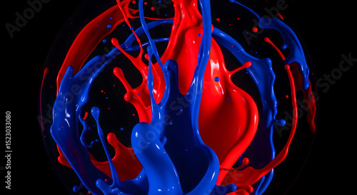 Dynamic Clash Of Red And Blue Paint Splashes Against Black Backdrop