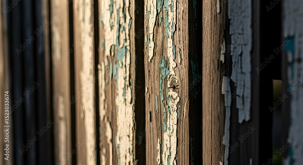 Fototapeta premium Weathered Wooden Fence With Peeling Paint Providing Rustic Charm