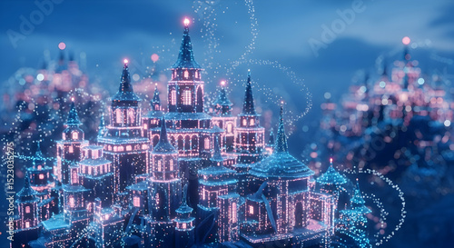 Fantasy Castle With Luminous Lights In An Ethereal Night Landscape