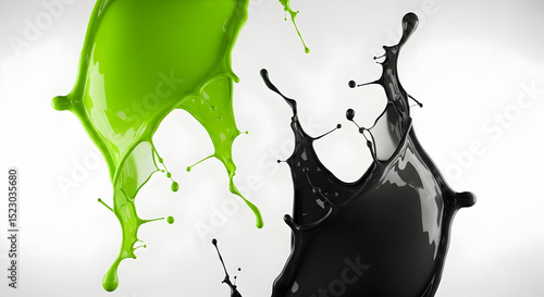 Contrasting Splashes Dynamic Composition Featuring Green and Black Liquid Forms