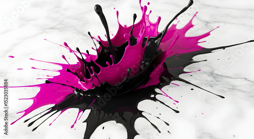 Dynamic Collision Of Magenta And Black Paints On Marble Surface