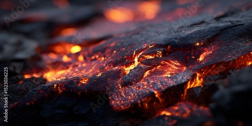 Molten rock landscape: Glowing lava cools into hardened black volcanic formation.
