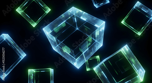 Abstract Crystal Cubes With Blue And Green Light On A Black Background