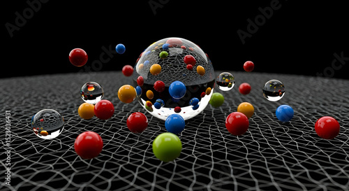 Geometric Sphere with Glass Balls Floating on Interconnected Wireframe Structure