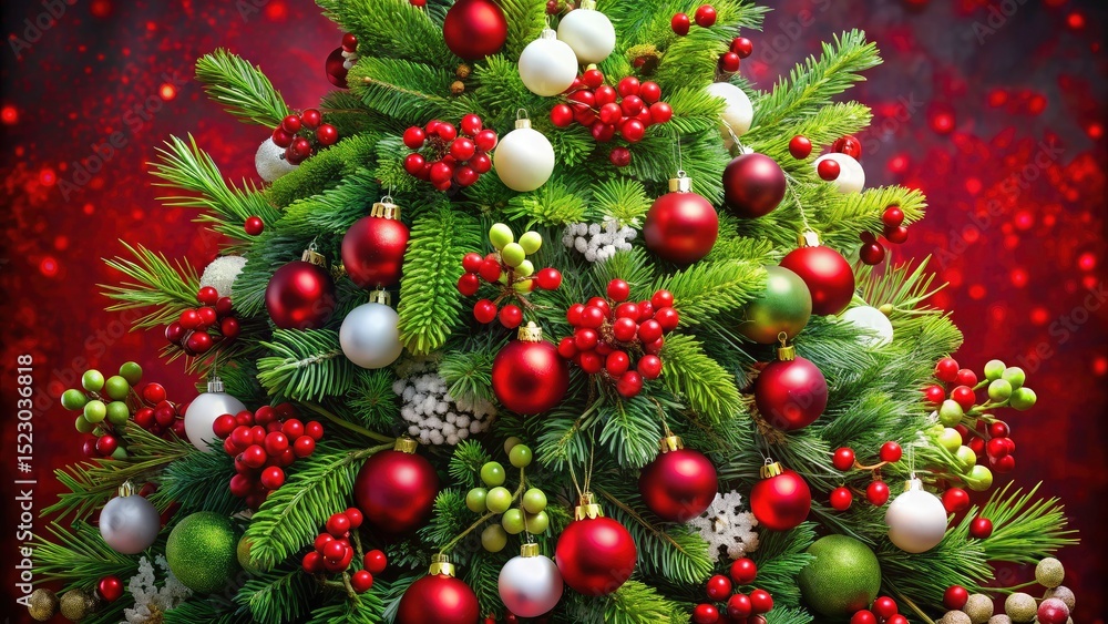 Capture the magic: a Christmas tree adorned with snowberries, green twigs, and classic red ornaments. Capture the magic: a Christmas tree adorned with snowberries, green twigs, and classic red ornaments.
