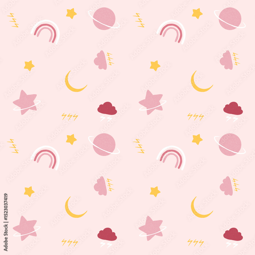 Cute Kids' Night Sky Pattern with Stars, Moon, Rainbow, and Planets Cute Kids' Night Sky Pattern with Stars, Moon, Rainbow, and Planets