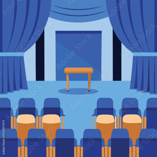 Auditorium stage with seating and blue curtains ready for presentation or performance illustration