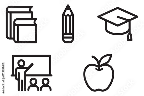Set of education symbols including books, pencil, cap, apple, and teacher illustrations for educational design icon set
