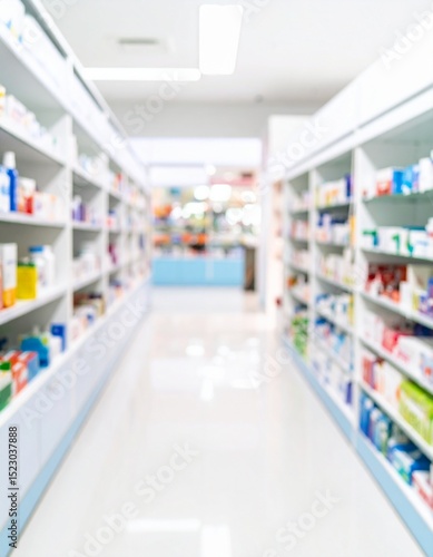 Pharmacy drugstore blur abstract backbround with medicine and healthcare product on shelves.