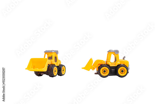 Yellow toy bulldozer with black wheels, perfect for kids' playtime or educational toys with transparent background, front view. Great for use in e-commerce, or children’s product marketing.