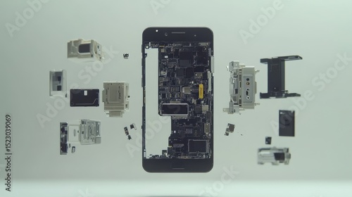 Disassembled smartphone components displayed in a dynamic arrangement.
