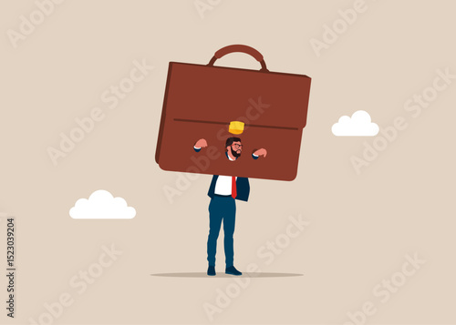 Businessman put her head in guillotine briefcase. humiliation and punishment. Frustrated businessman. Job search, hiring, employment, freelance, jobs makes him crazy. Flat vector illustration