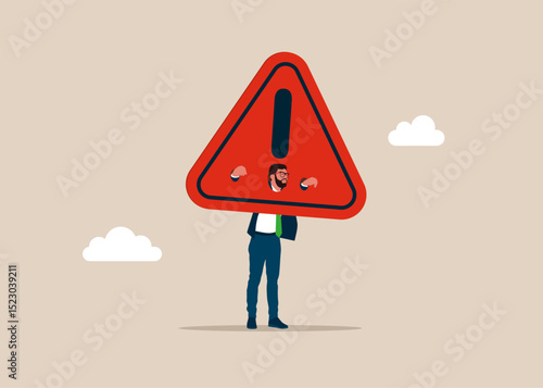 Punishment businessman in medieval pillory exclamation attention sign, humiliation and punishment. Incident management, root cause analysis or solving problem. Flat vector illustration