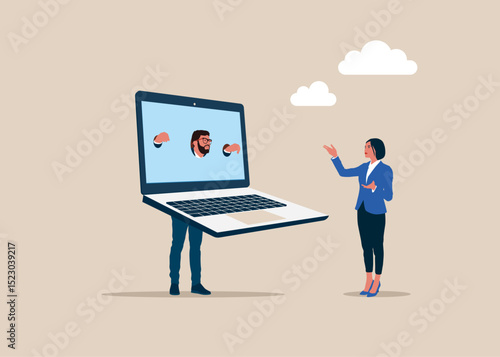 Businessman put her head in guillotine laptop. humiliation and punishment. Frustrated businessman. internet addiction. Trap or challenge. Social media addiction. Employer domination exploitation.