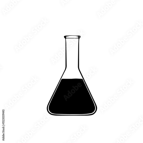Erlenmeyer flask with dark liquid inside. Simple laboratory glassware. Clear glass beaker filled with black substance. This image is perfect for science education materials or laboratory reports.