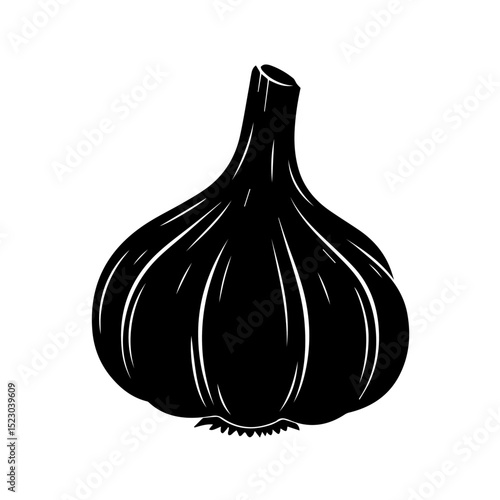 Black garlic silhouette. Single bulb of garlic, close-up view. Detailed illustration of pungent spice for culinary use. This image is perfect for cookbook illustrations, spice packaging design,
