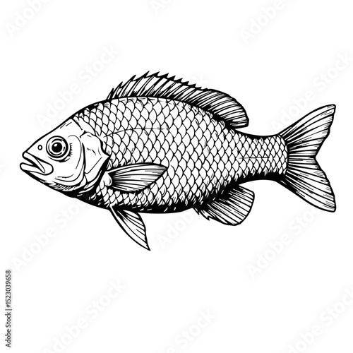 Detailed drawing of Nile tilapia Oreochromis niloticus fish. Illustration shows scales, fins, and body shape of this popular freshwater fish.