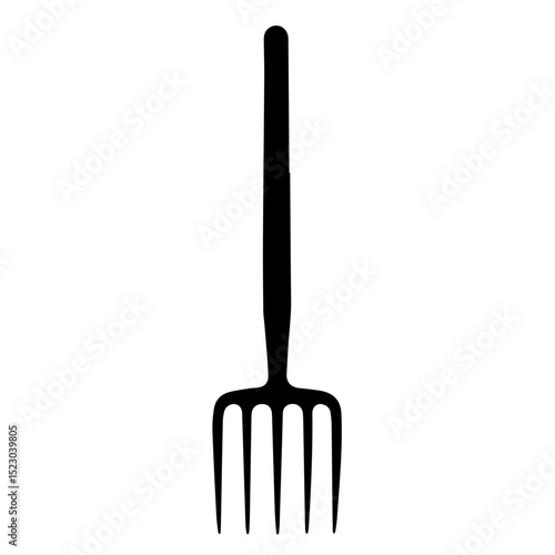 Simple black garden pitchfork silhouette. Gardening tool illustration shows four tines and long handle.  Pitchfork image ideal for farm shop logo, gardening website, or agricultural brochure.