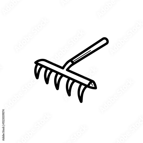 Simple gardening rake icon illustration.  Rake with wooden handle and metal tines for yard work.  This gardening tool image is perfect for websites, apps, or gardening blogs related to lawn care.