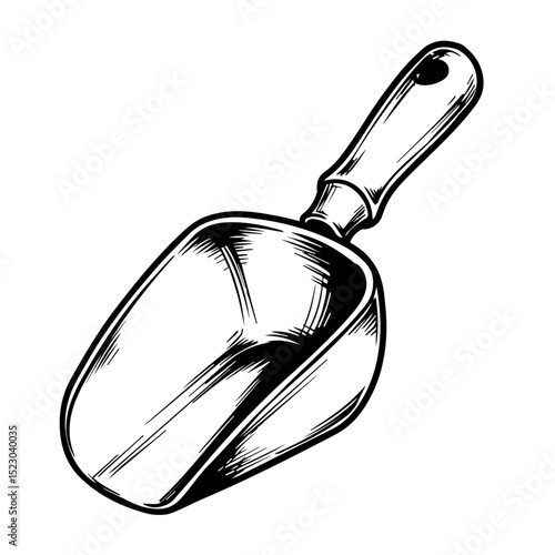Metal scoop with wooden handle.  Durable gardening tool for scooping soil or seeds.  High-quality image perfect for gardening blogs, seed packaging, or agricultural websites.