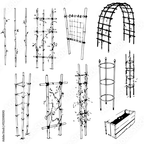 Garden trellises and plant supports collection.  Detailed drawings show various designs for climbing plants.  Illustrations include arches, obelisks,