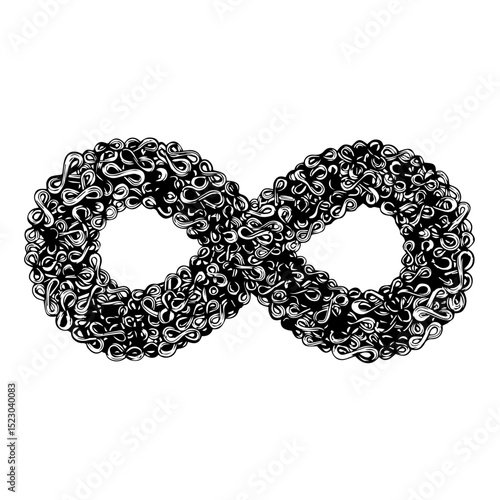 Infinity symbol composed of small infinity signs. Intricate design of endless loops forming larger infinity symbol. Stylish graphic for websites, social media, or print.