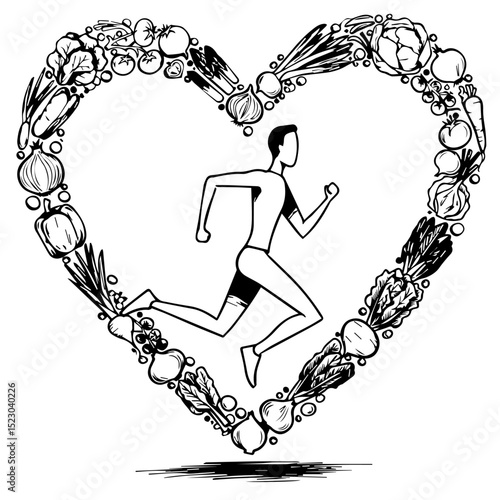 Healthy heart concept with runner inside heart shaped frame of vegetables and fruits.  Heart health is promoted by healthy eating and physical activity.