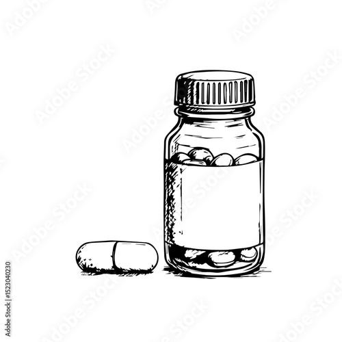 Medicine bottle with pills and capsule.  Prescription drug container with blank label shows pills inside.  Simple medical illustration perfect for pharmacy brochures, doctor's office materials,