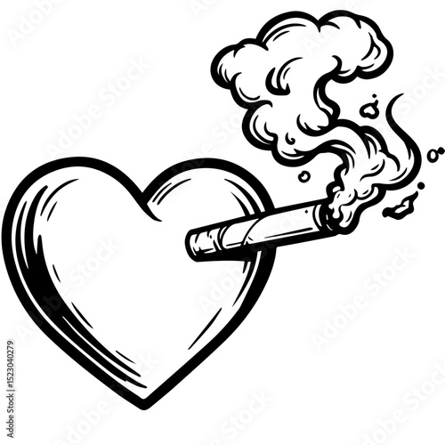 Heart pierced by cigarette with smoke. Smoking damages heart health, causing cardiovascular disease.  Image symbolizes dangers of smoking for educational materials in cardiology, pediatrics,