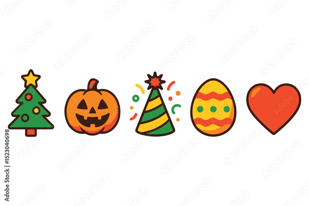 Fototapeta premium Festive holiday icons set including Christmas tree, pumpkin, party hat, Easter egg, and heart icon set